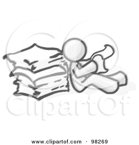 Royalty-Free (RF) Clipart Illustration of a Sketched Design Mascot Man Seated On The Floor, Reading Papers And Leaning Against A Stack Of Papers by Leo Blanchette