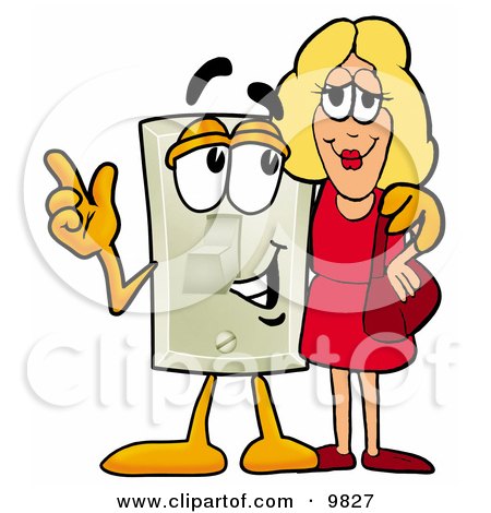 Clipart Picture of a Light Switch Mascot Cartoon Character Talking to a Pretty Blond Woman by Mascot Junction