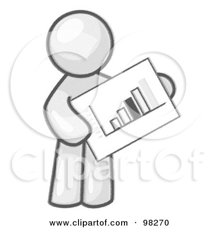 Royalty-Free (RF) Clipart Illustration of a Sketched Design Mascot Man Holding A Bar Graph Displaying An Increase In Profit by Leo Blanchette