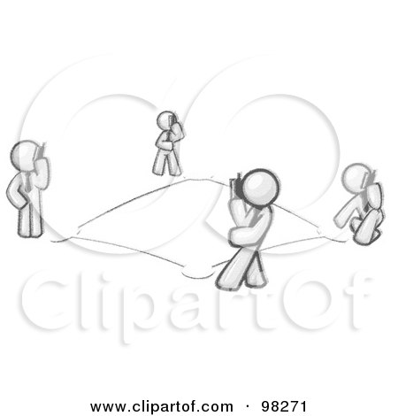 Royalty-Free (RF) Clipart Illustration of Sketched Design Mascots Talking On Cell Phones Around A Square That Looks Similar To A Baseball Diamond by Leo Blanchette
