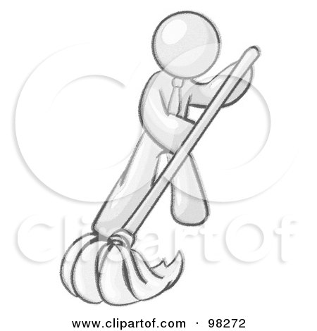 Royalty-Free (RF) Clipart Illustration of a Sketched Design Mascot Man Wearing A Tie, Using A Mop While Mopping A Hard Floor To Clean Up A Mess Or Spill by Leo Blanchette