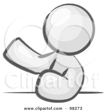 Royalty-Free (RF) Clipart Illustration of a Sketched Design Mascot Man Leaning An Elbow On A Table And Gesturing With One Hand During A Meeting by Leo Blanchette