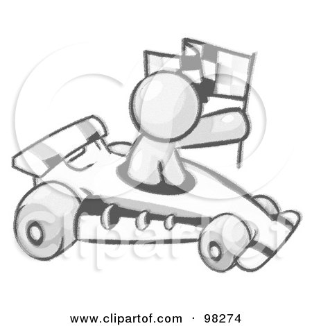 Royalty-Free (RF) Clipart Illustration of a Sketched Design Mascot Man Driving A Fast Race Car Past Flags While Racing by Leo Blanchette
