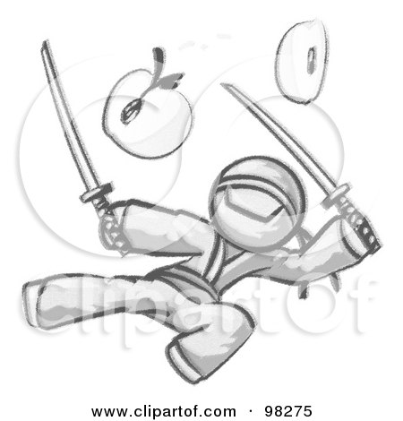 Royalty-Free (RF) Clipart Illustration of a Sketched Design Mascot Man Ninja Jumping And Slicing An Apple With Swords by Leo Blanchette