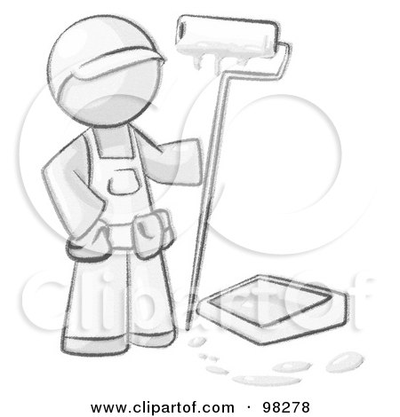 Royalty-Free (RF) Clipart Illustration of a Sketched Design Mascot Man Painter With A Paint Pan And Roller by Leo Blanchette