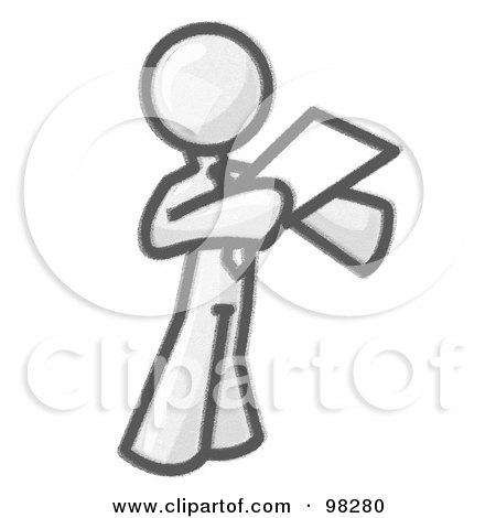 Royalty-Free (RF) Clipart Illustration of a Sketched Design Mascot Business Man Holding A Piece Of Paper During A Speech Or Presentation by Leo Blanchette