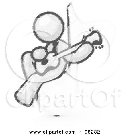 Royalty-Free (RF) Clipart Illustration of a Sketched Design Mascot Man Character Sitting On A Music Note And Playing A Guitar by Leo Blanchette