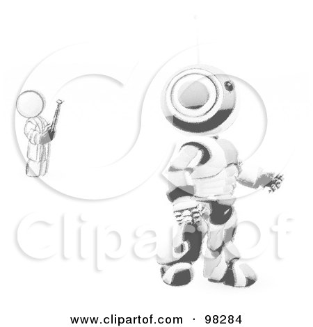 Royalty-Free (RF) Clipart Illustration of a Sketched Design Mascot Man Inventor Operating An Blue Robot With A Remote Control by Leo Blanchette