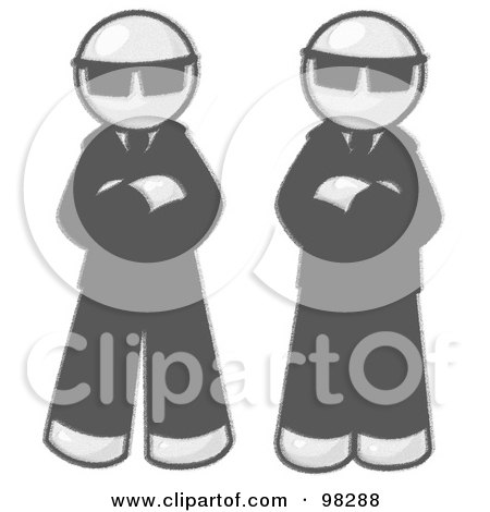 Royalty-Free (RF) Clipart Illustration of Sketched Design Mascot Men In Sunglasses And Black Suits, Standing With Their Arms Crossed by Leo Blanchette