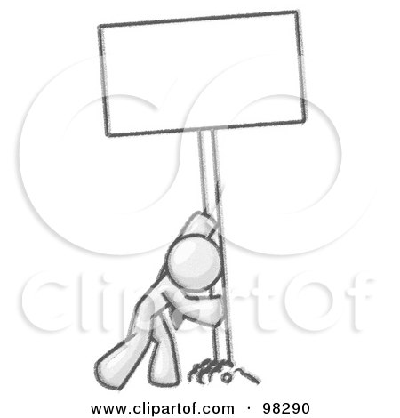 Royalty-Free (RF) Clipart Illustration of a Sketched Design Mascot Man Pushing A Blank Sign Upright by Leo Blanchette