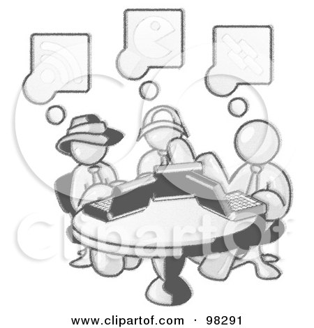 Royalty-Free (RF) Clipart Illustration of a Sketched Design Mascot Men Sitting At A Circular Table Using Laptops In An Internet Cafe by Leo Blanchette