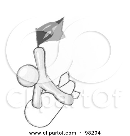 Royalty-Free (RF) Clipart Illustration of a Sketched Design Mascot Man Waving A Flag While Riding On Top Of A Fast Missile Or Rocket, Symbolizing Success by Leo Blanchette