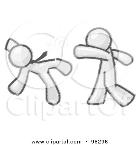 Royalty-Free (RF) Clipart Illustration of a Sketched Design Mascot Man Character Being Knocked Out By Another by Leo Blanchette