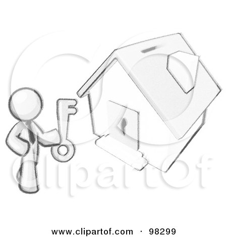 Royalty-Free (RF) Clipart Illustration of a Sketched Design Mascot Businessman Holding A Skeleton Key And Standing In Front Of A House With A Coin Slot And Keyhole by Leo Blanchette
