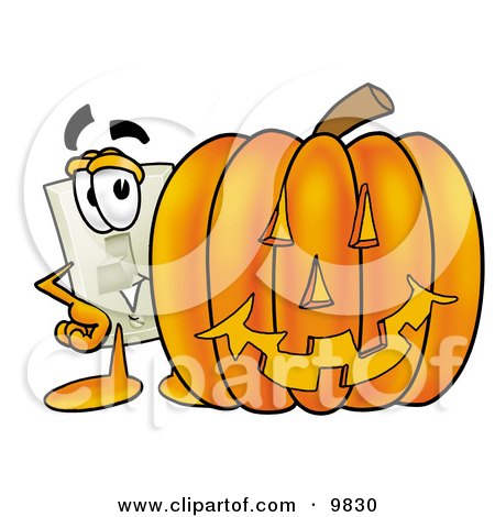 Clipart Picture of a Light Switch Mascot Cartoon Character With a Carved Halloween Pumpkin by Mascot Junction