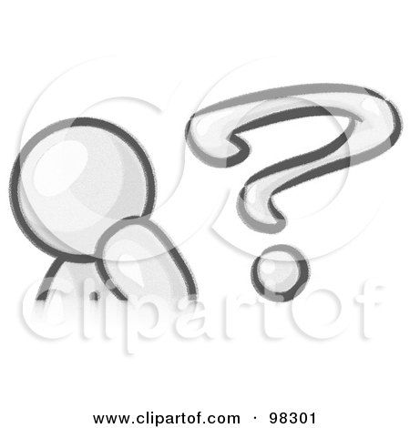 Royalty-Free (RF) Clipart Illustration of a Sketched Design Mascot Man Rubbing His Chin And Posed By A Question Mark, Symbolizing, Curiosity, Confusion And Uncertainty by Leo Blanchette