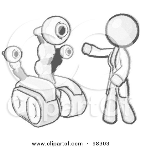 Royalty-Free (RF) Clipart Illustration of a Sketched Design Mascot Man Inventor With A Rover Robot by Leo Blanchette