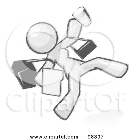 Royalty-Free (RF) Clipart Illustration of a Sketched Design Mascot Woman Slipping On A Puddle Of Water by Leo Blanchette