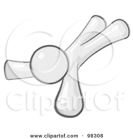 Royalty-Free (RF) Clipart Illustration of a Sketched Design Mascot Man Lying On His Face And Stomach After Being Injured On The Job, Or Someone Who Is Leaping For Something They Desire by Leo Blanchette
