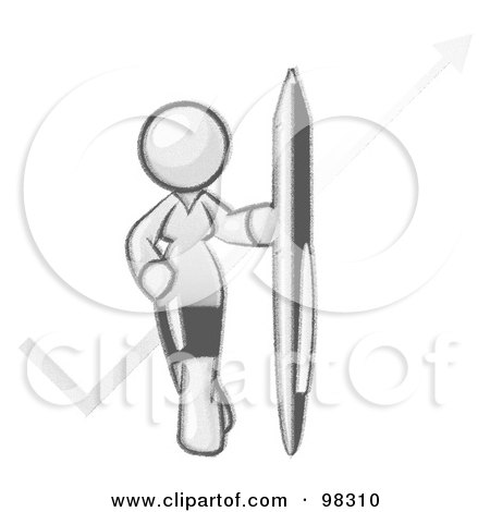 Royalty-Free (RF) Clipart Illustration of a Sketched Design Mascot Lady Standing With A Giant Pen In Front Of A Check Mark by Leo Blanchette