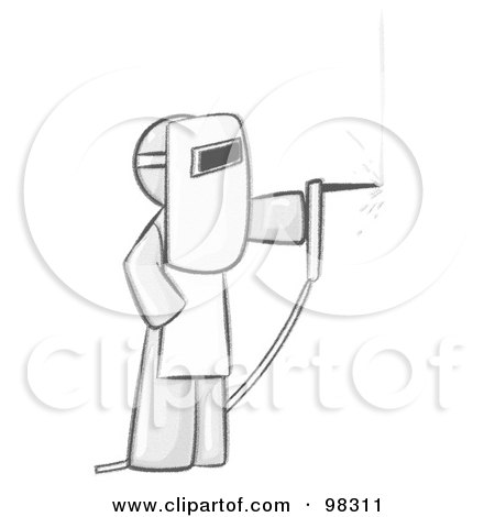 Royalty-Free (RF) Clipart Illustration of a Sketched Design Mascot Man Welding Wearing Protective Gear by Leo Blanchette