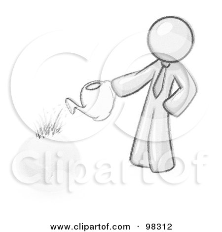 Royalty-Free (RF) Clipart Illustration of a Sketched Design Mascot Man Using A Watering Can To Water New Grass Growing On Planet Earth by Leo Blanchette