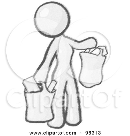 Royalty-Free (RF) Clipart Illustration of a Sketched Design Mascot Woman Carrying Paper Grocery Bags by Leo Blanchette