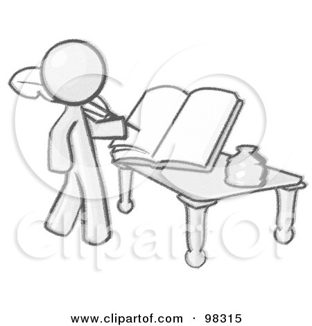 Royalty-Free (RF) Clipart Illustration of a Sketched Design Mascot Man Author Writing History On Blank Pages Of A Book by Leo Blanchette