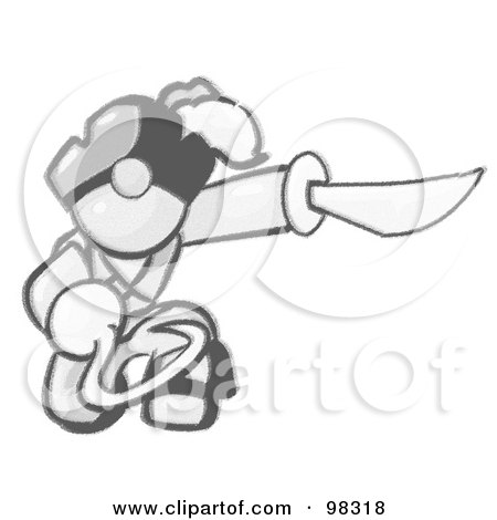 Royalty-Free (RF) Clipart Illustration of a Sketched Design Mascot Man Pirate With A Hook Hand And A Sword by Leo Blanchette