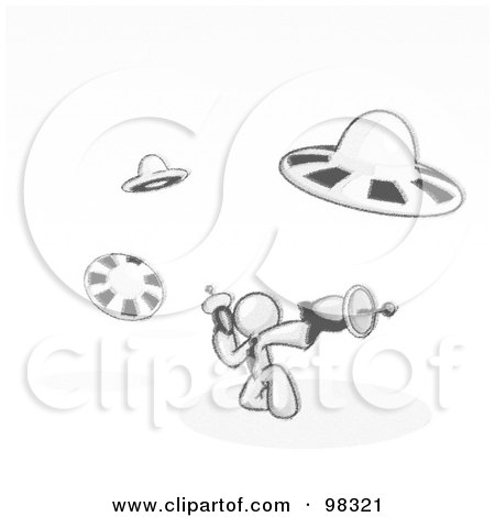 Royalty-Free (RF) Clipart Illustration of a Sketched Design Mascot Man Fighting Off Ufo's With Weapons by Leo Blanchette