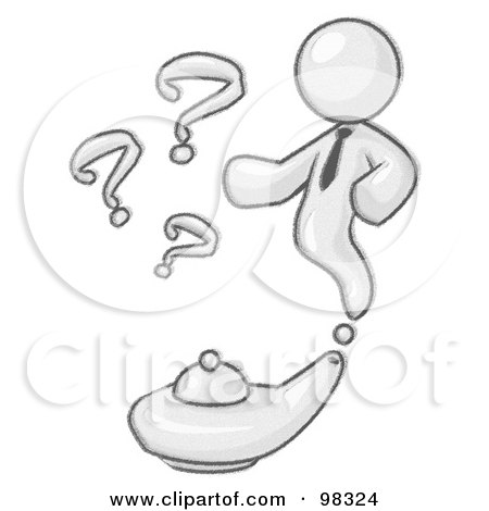 Royalty-Free (RF) Clipart Illustration of a Sketched Design Mascot Genie Man Emerging From A Golden Lamp, Near Three Question Marks by Leo Blanchette