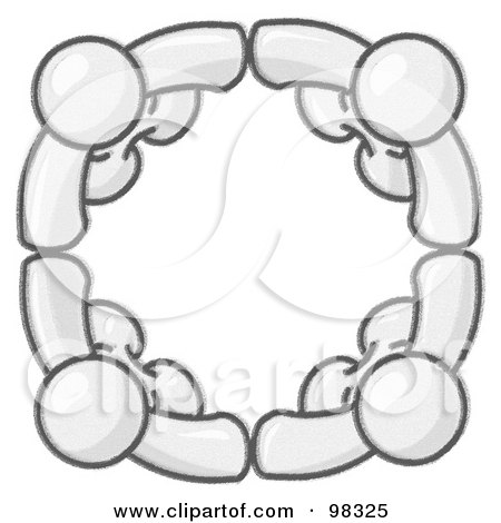 Royalty-Free (RF) Clipart Illustration of Sketched Design Mascots Standing In A Circle, Holding Hands, Conceptualizing Team Work, Friendship, Support, Networking, Family, Co-Workers, And Unity by Leo Blanchette