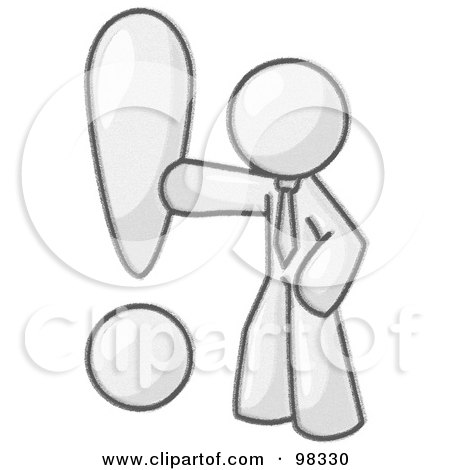 Royalty-Free (RF) Clipart Illustration of a Sketched Design Mascot Business Man Standing By A Large Exclamation Point by Leo Blanchette