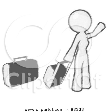 Royalty-Free (RF) Clipart Illustration of a Sketched Design Mascot Woman With Luggage, Waving For A Taxi by Leo Blanchette