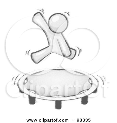 Royalty-Free (RF) Clipart Illustration of a Sketched Design Mascot Man Character Jumping Happily On A Trampoline, Suspended In Mid-Air by Leo Blanchette