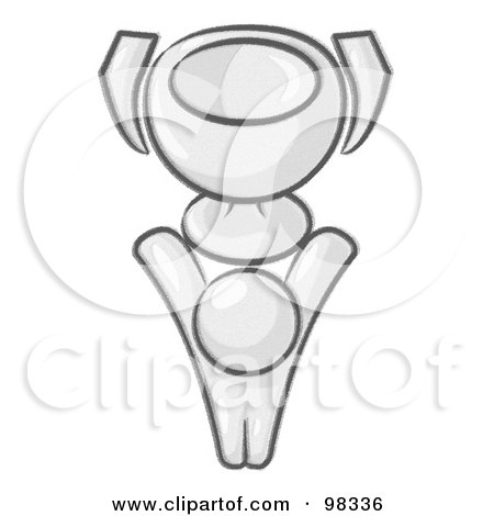 Royalty-Free (RF) Clipart Illustration of a Sketched Design Mascot Man Holding A Golden Trophy Cup High Above His Head by Leo Blanchette