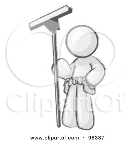 Royalty-Free (RF) Clipart Illustration of a Sketched Design Mascot Man Window Cleaner Standing With A Squeegee by Leo Blanchette