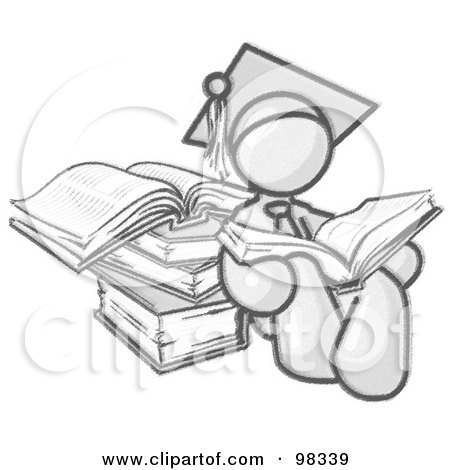 Royalty-Free (RF) Clipart Illustration of a Sketched Design Mascot Male Student In A Graduation Cap With A Tassel, Seated And Leaning Against Books, Reading An Open Encyclopedia by Leo Blanchette