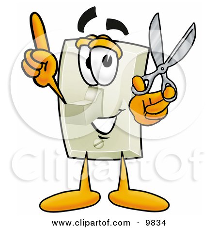 Clipart Picture of a Light Switch Mascot Cartoon Character Holding a Pair of Scissors by Mascot Junction