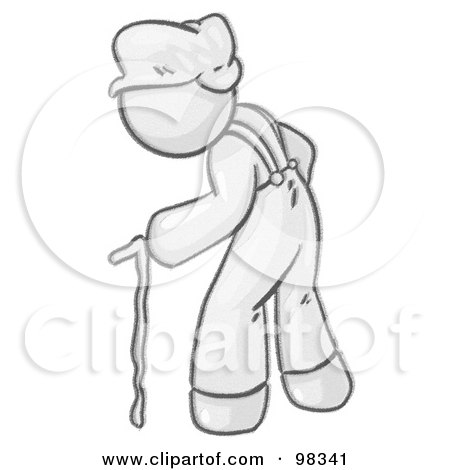 Royalty-Free (RF) Clipart Illustration of a Sketched Design Mascot Old Senior Man Hunched Over And Walking With The Assistance Of A Cane by Leo Blanchette