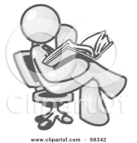Royalty-Free (RF) Clipart Illustration of a Sketched Design Mascot Man Sitting Cross Legged In A Chair And Reading A Book by Leo Blanchette