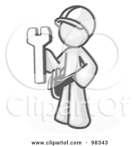Royalty-Free (RF) Clipart Illustration of a Sketched Design Mascot Construction Worker Man In A Hardhat, Holding A Wrench by Leo Blanchette