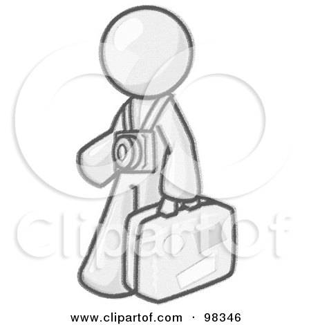 Royalty-Free (RF) Clipart Illustration of a Sketched Design Mascot Male Tourist Carrying His Suitcase And Walking With A Camera Around His Neck by Leo Blanchette