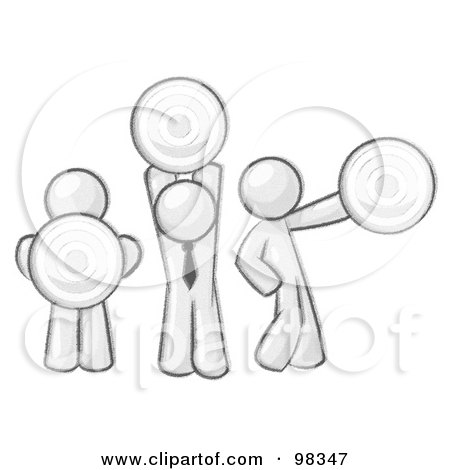 Royalty-Free (RF) Clipart Illustration of Sketched Design Mascot Men Holding Targets In Different Positions  by Leo Blanchette