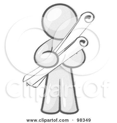 Royalty-Free (RF) Clipart Illustration of a Sketched Design Mascot Man Architect Carrying Rolled Blue Prints And Plans by Leo Blanchette