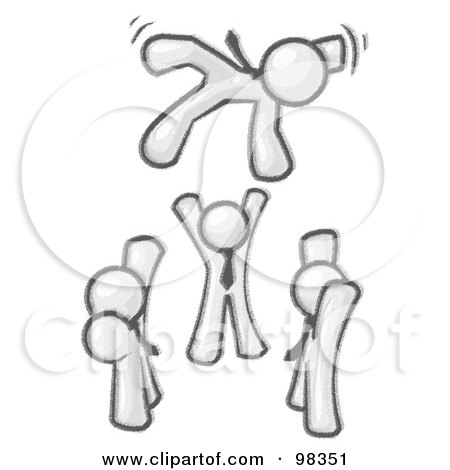Royalty-Free (RF) Clipart Illustration of a Sketched Design Mascot Men Tossing Another Into The Air While Celebrating An Achievement by Leo Blanchette