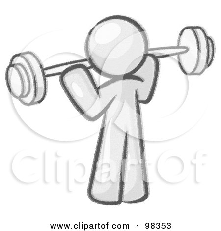 Royalty-Free (RF) Clipart Illustration of a Sketched Design Mascot Man Lifting A Barbell While Strength Training by Leo Blanchette