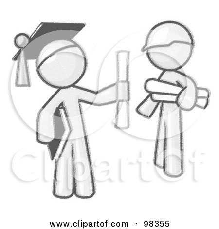 Royalty-Free (RF) Clipart Illustration of a Sketched Design Mascot Man Graduate And Orange Man Contractor by Leo Blanchette