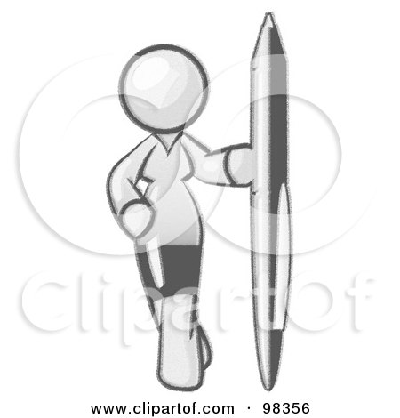 Royalty-Free (RF) Clipart Illustration of a Sketched Design Mascot Woman In A Dress, Standing With One Hand On Her Hip, Holding A Huge Pen by Leo Blanchette