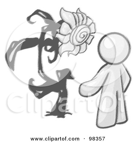 Royalty-Free (RF) Clipart Illustration of a Sketched Design Mascot Man Proudly Standing In Front Of His Giant Sunflower In His Garden by Leo Blanchette